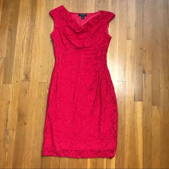 Ralph Lauren Red Lace Cowl Neck Dress 8